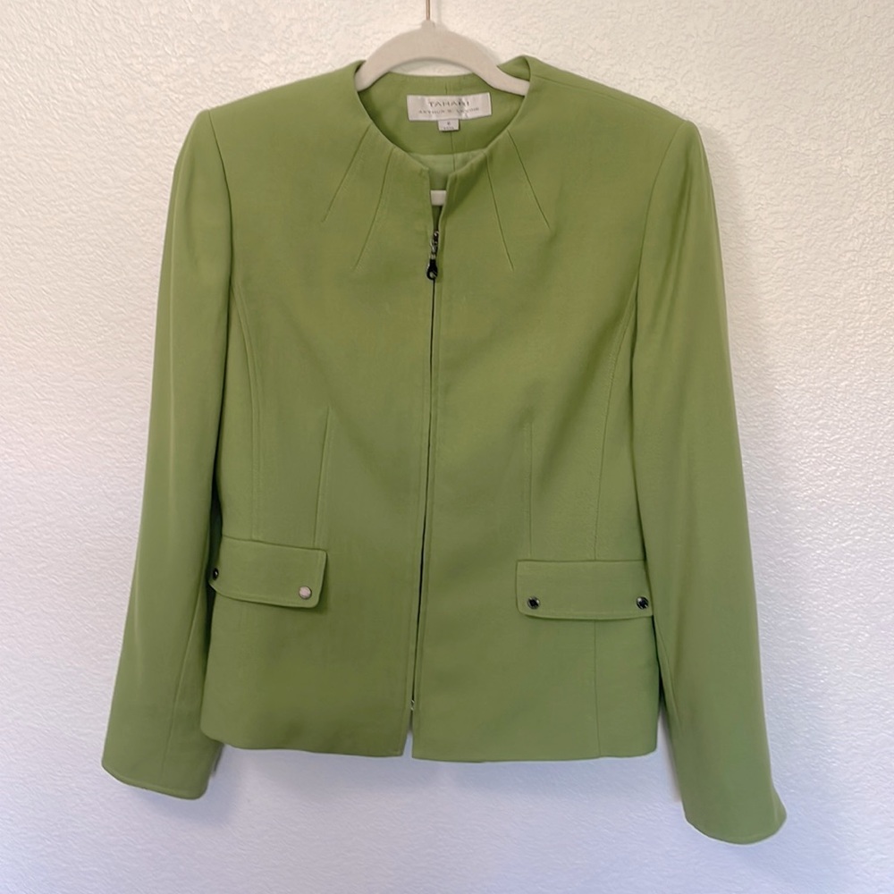Tahari lime green zip front blazer suit jacket